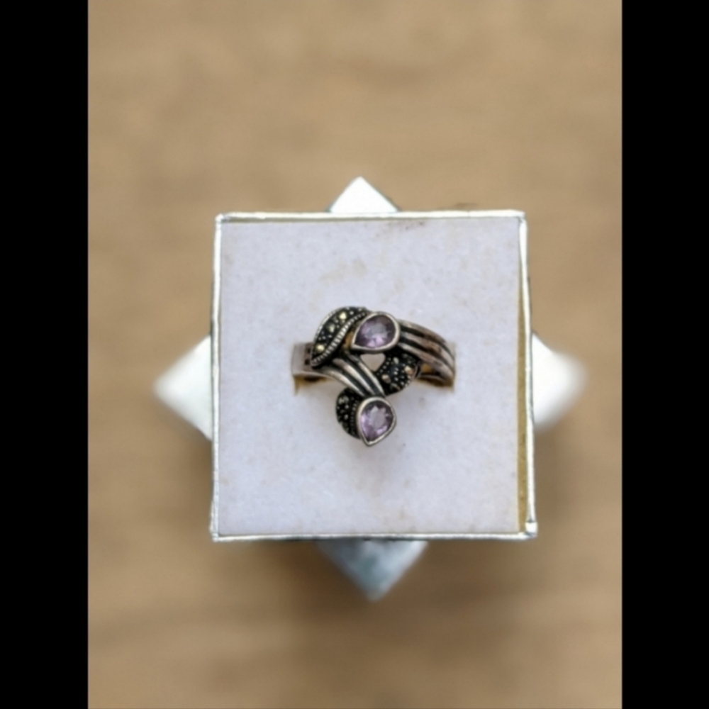 Vintage sterling silver marcasite amethyst ring